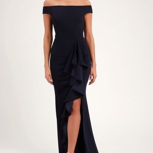 Lulu’s full length navy dress with side slit